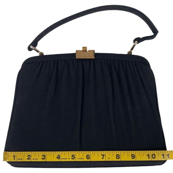 1950s Vintage Suede Handbag Gathered Fabric Clasp Gold Hardware Black VTG - Picture 9 of 14